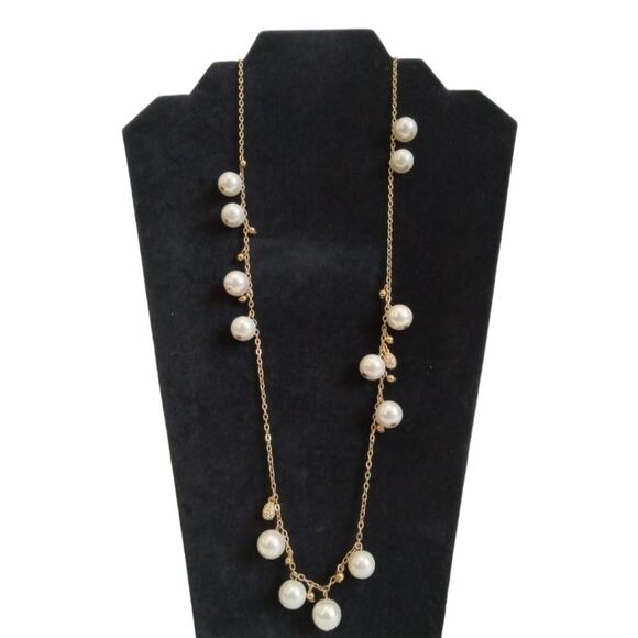 J. Crew Gold Tone Faux Pearl Beaded Rhinestone Encrusted Charms Fashion Necklace - Picture 1 of 11